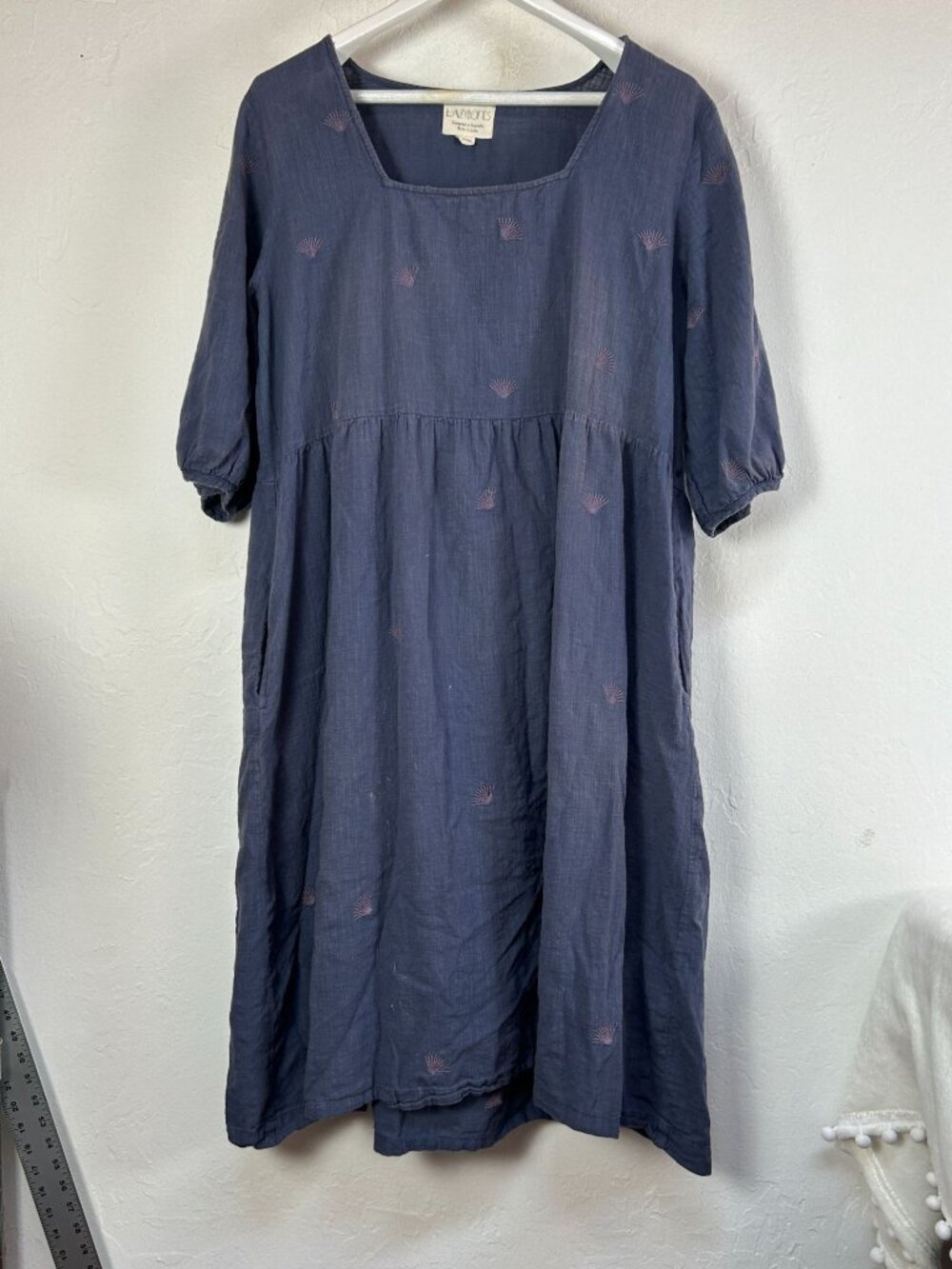 Lazybones Navy Blue Organic Cotton Embroidered Midi Dress Square Neck XL/XXL